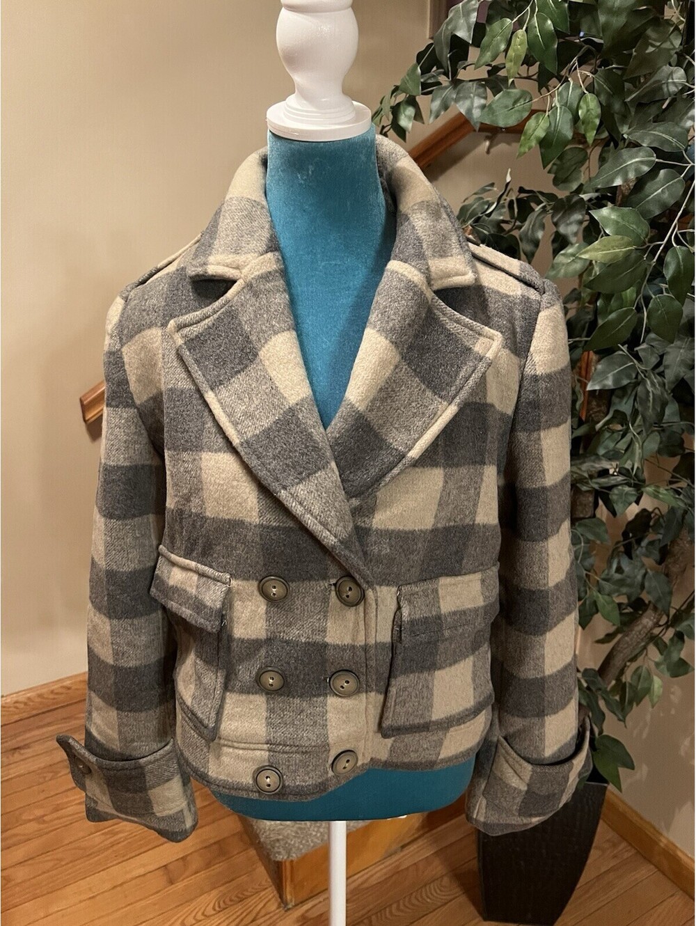 Current Air Anthropologie Farrow Checkered Cropped Jacket Size Small Beige/Gray